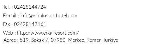 Erkal Resort Hotel telefon numaralar, faks, e-mail, posta adresi ve iletiim bilgileri
